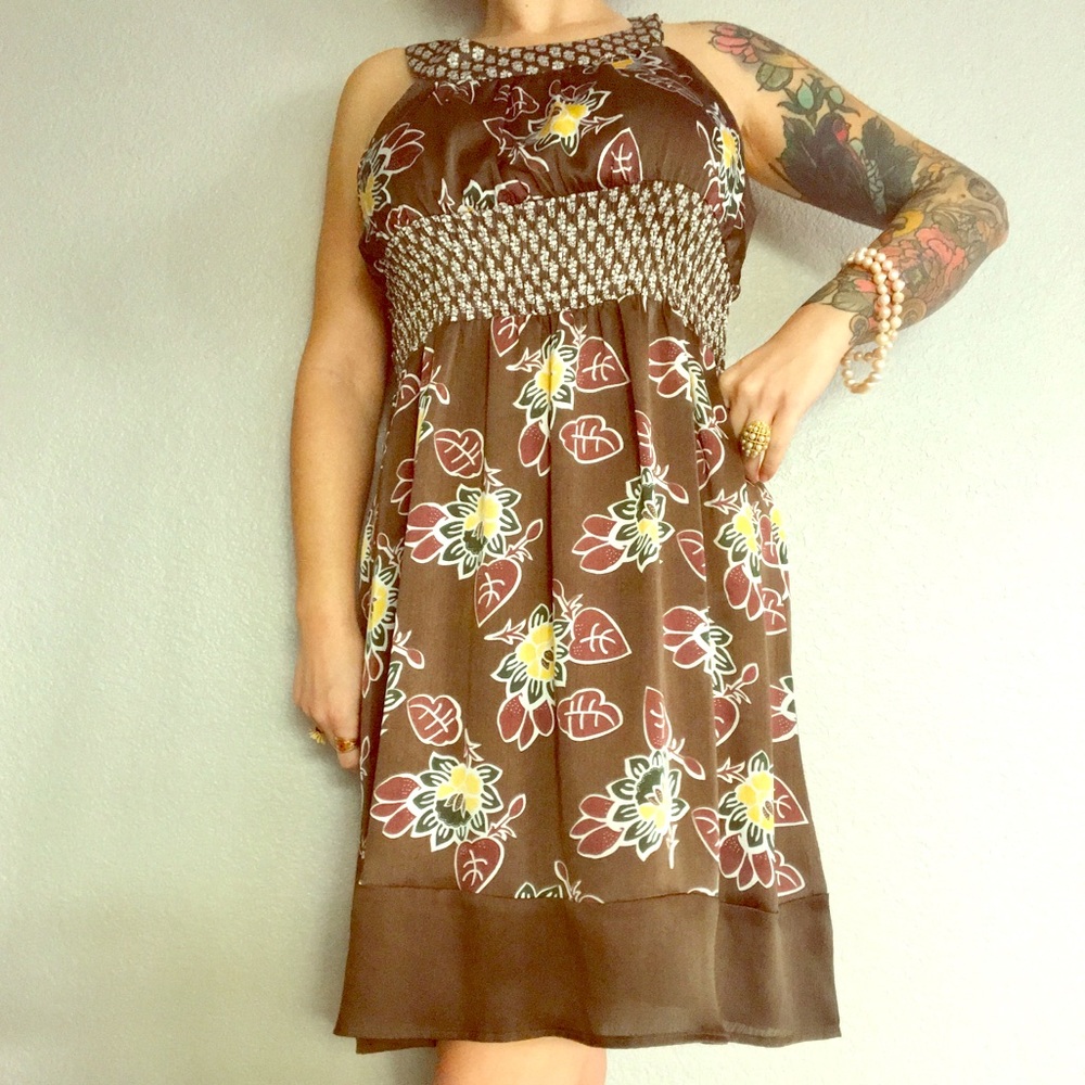 Women’s Brown Floral Midi Polyester Floral Dress